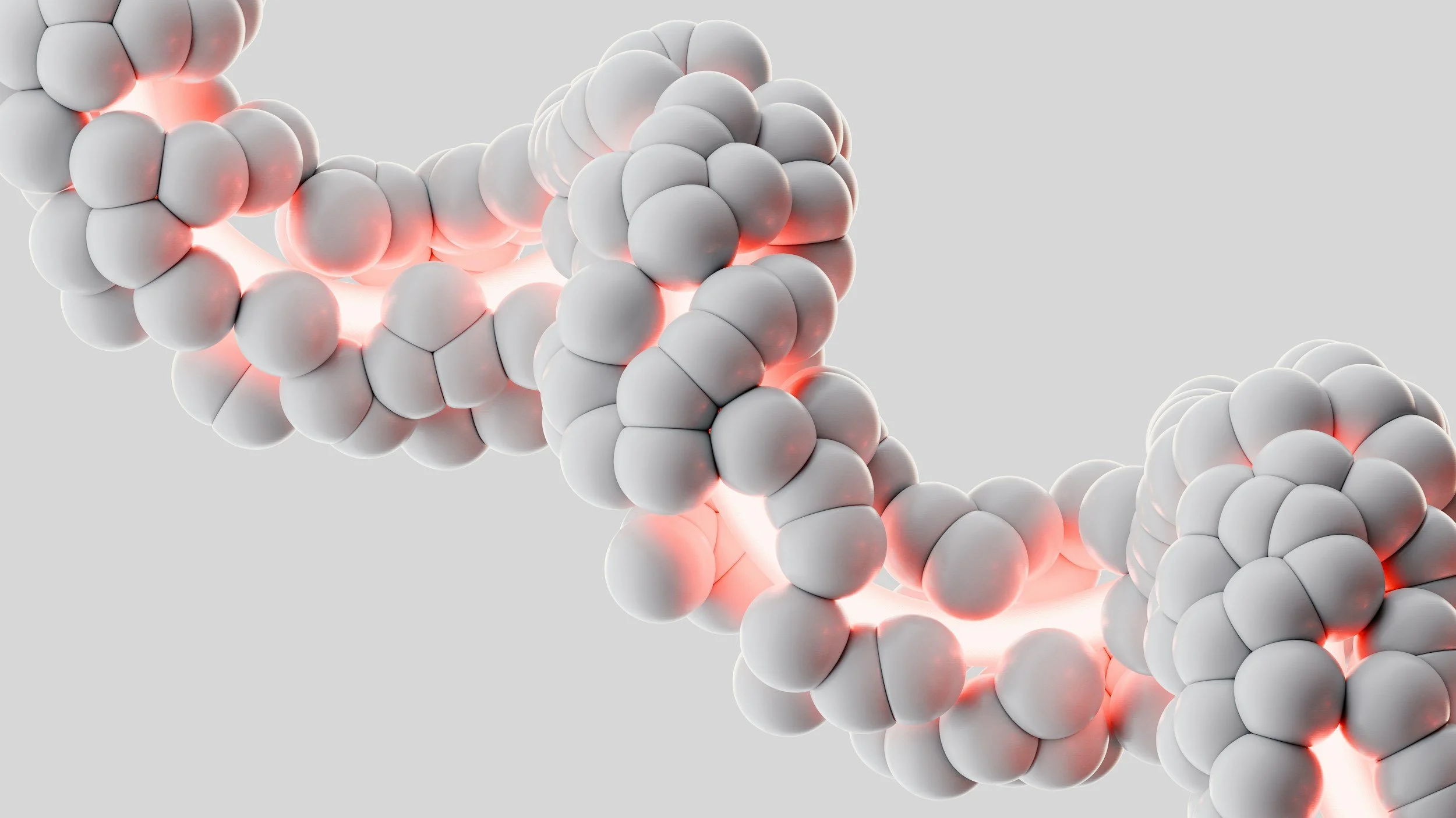 A close-up digital illustration of a DNA double helix, showing white spherical molecules connected to form the twisted ladder structure, with glowing red lights emphasizing the molecular bonds.
