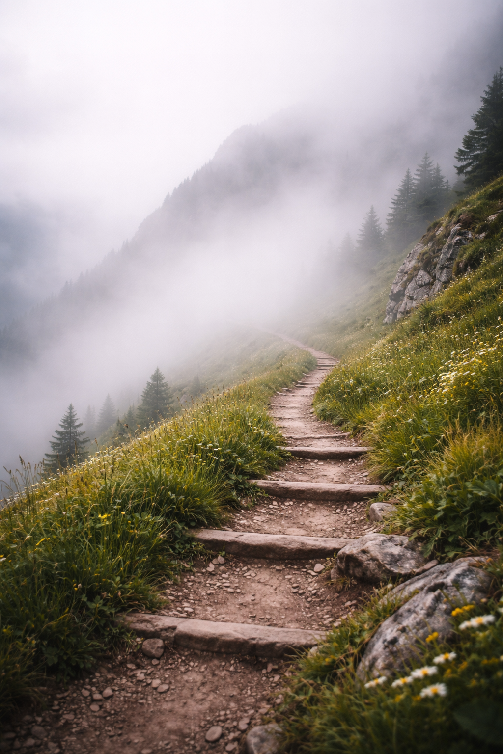 Sentier de randonnée en montagne entouré de verdure et de fleurs, avec des montagnes brumeuses en arrière-plan.