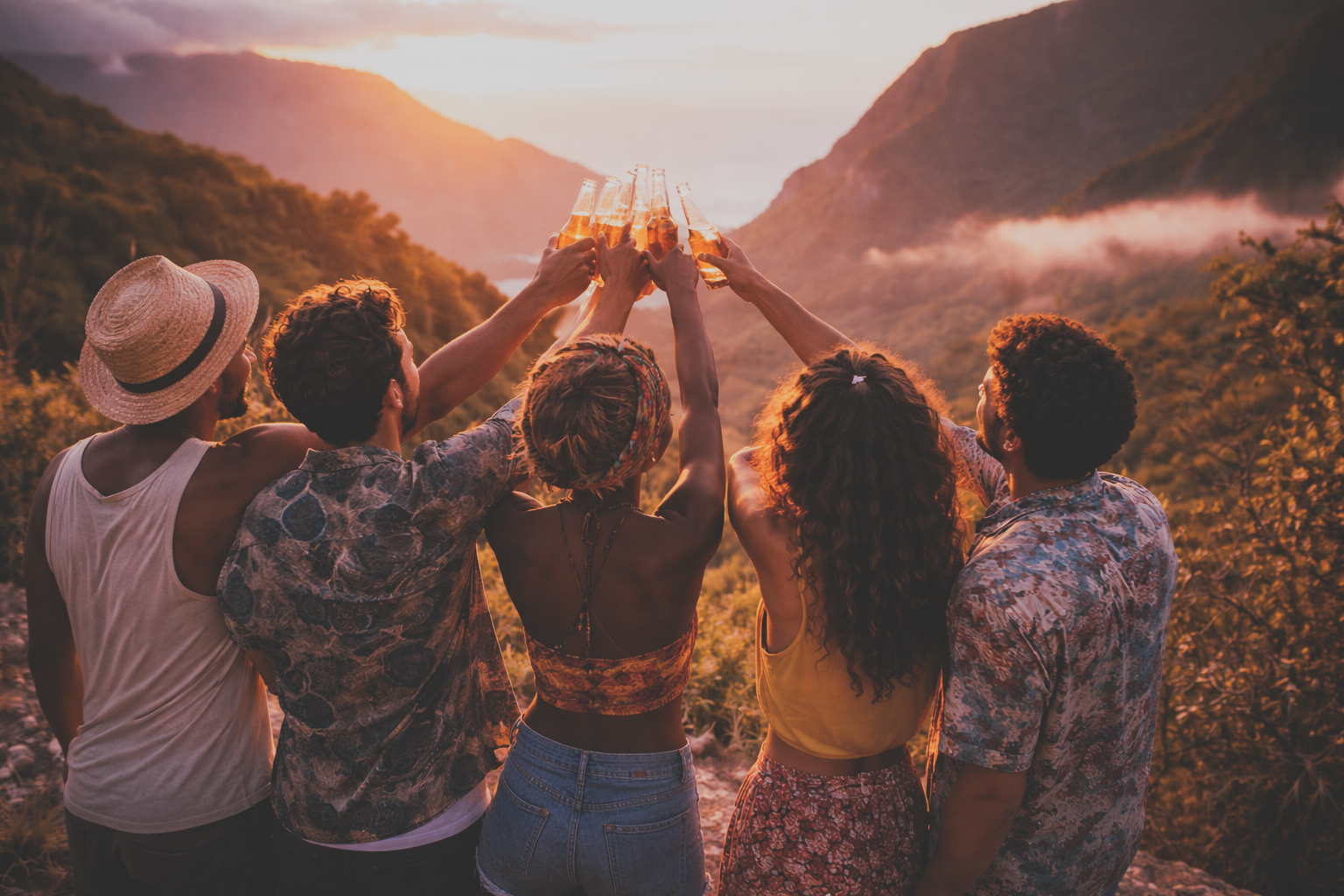 Groupe de cinq amis levant des bouteilles de bière pour un toast au coucher de soleil dans une vallée montagneuse.