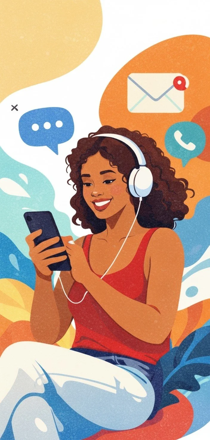 Une jeune femme souriante avec des écouteurs, utilisant son téléphone portable avec des icônes de messagerie et d'appel en arrière-plan.