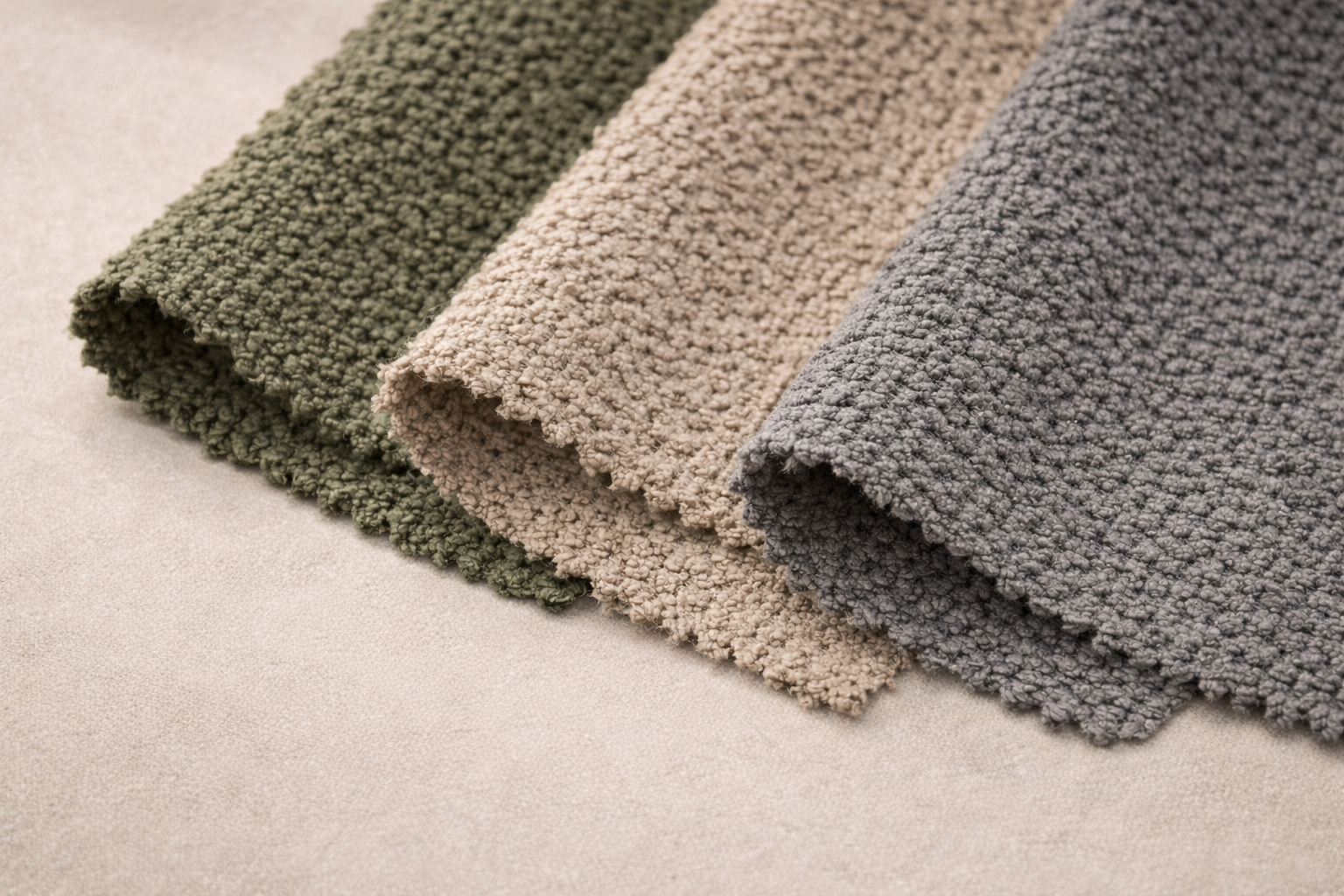Muestras de tapetes de tela en colores verde olivo, beige y gris, doblados sobre una superficie neutra.