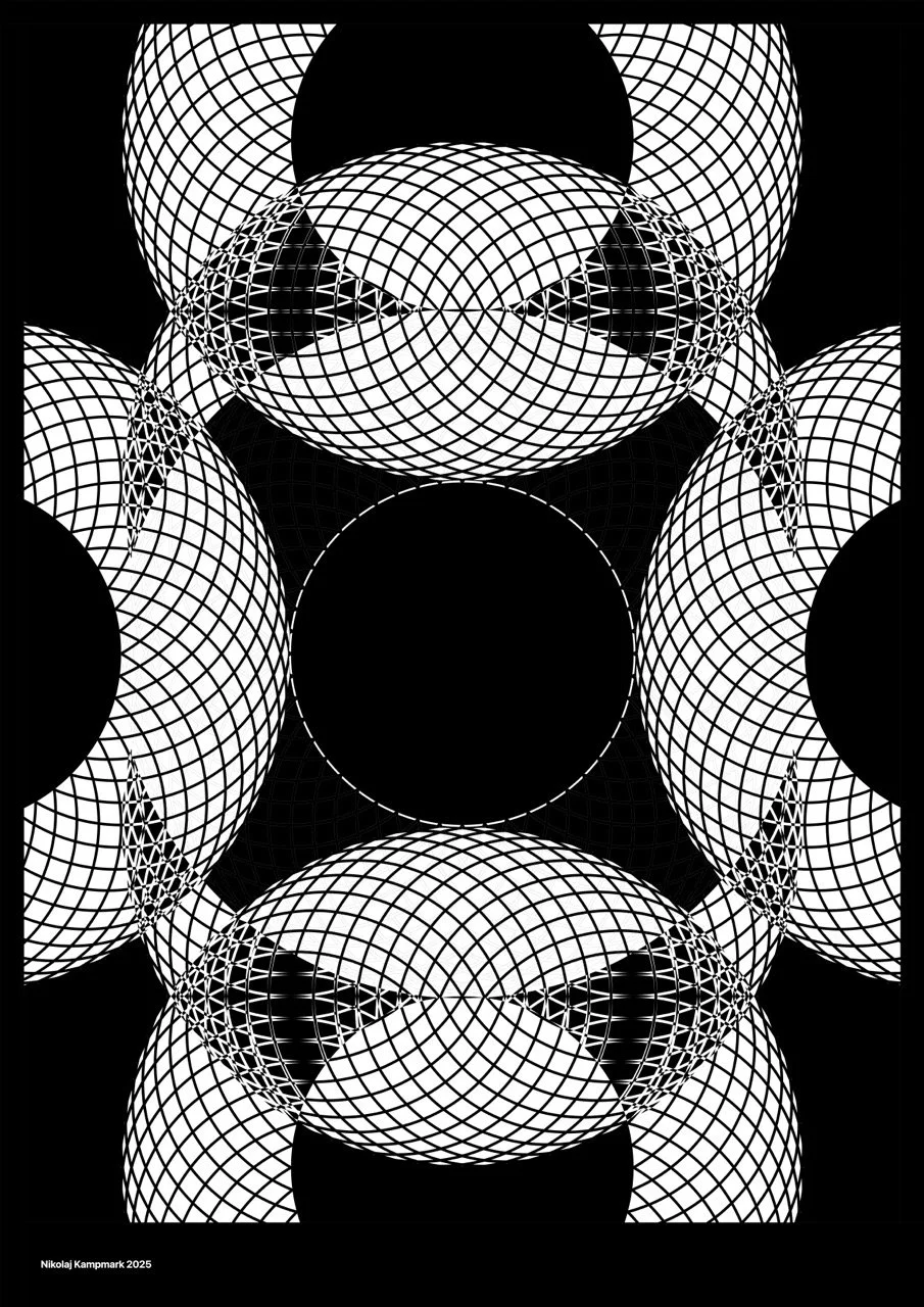 A black and white digital artwork featuring interconnected geometric shapes, including spheres and circles, with a grid pattern creating a 3D illusion.