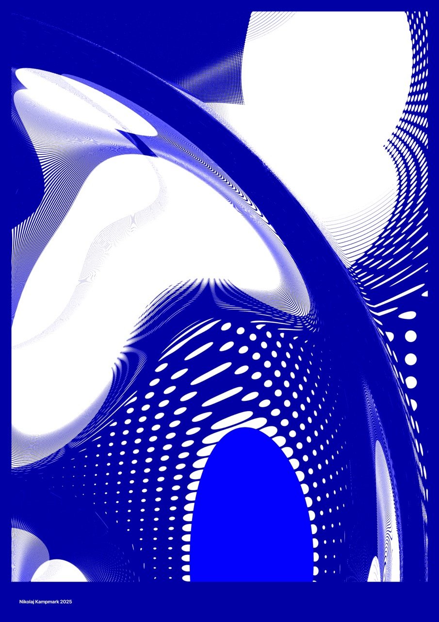 Abstract digital artwork in blue and white with swirling patterns, dotted textures, and curved lines.