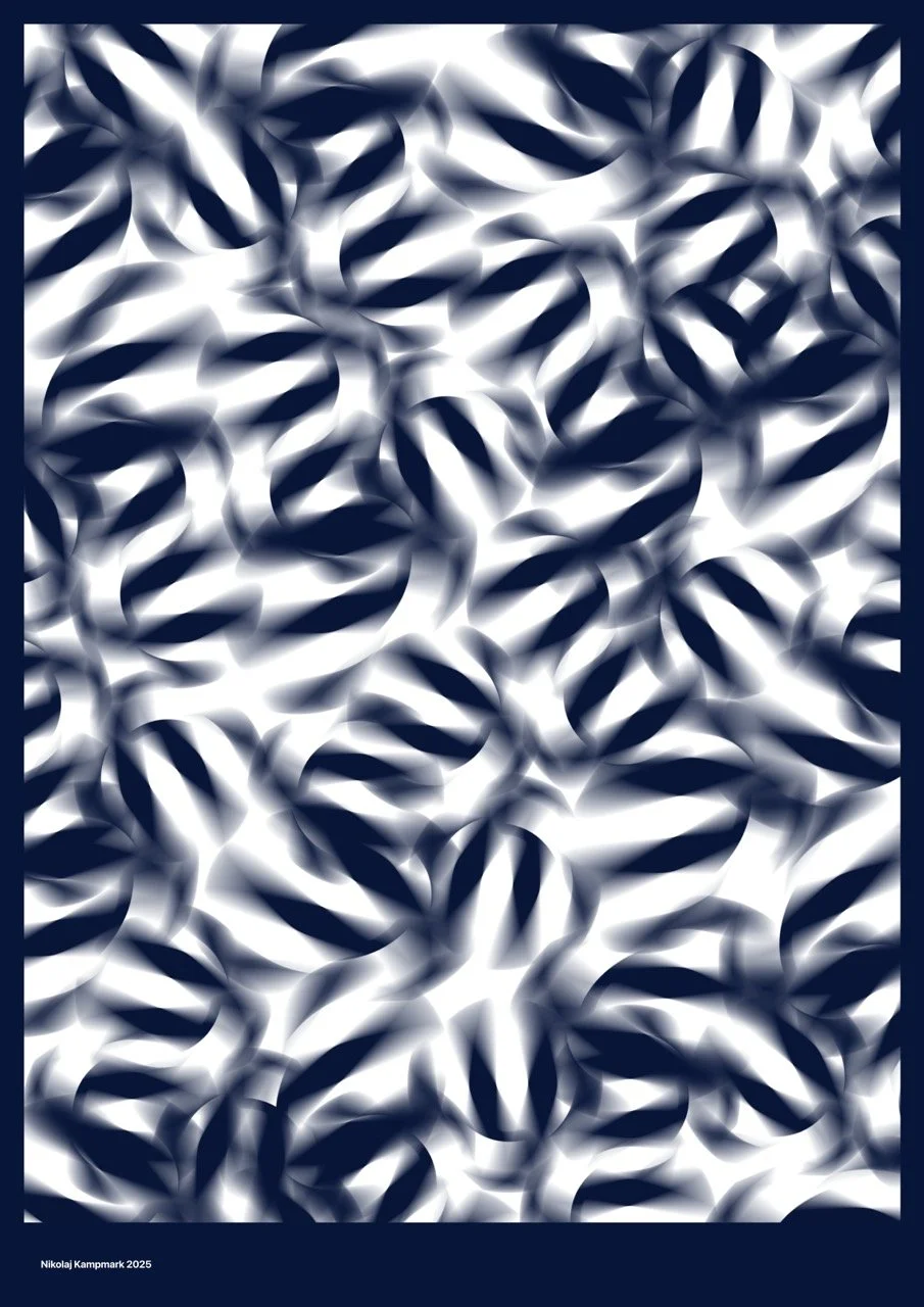 Abstract pattern of swirling navy blue and white shapes.