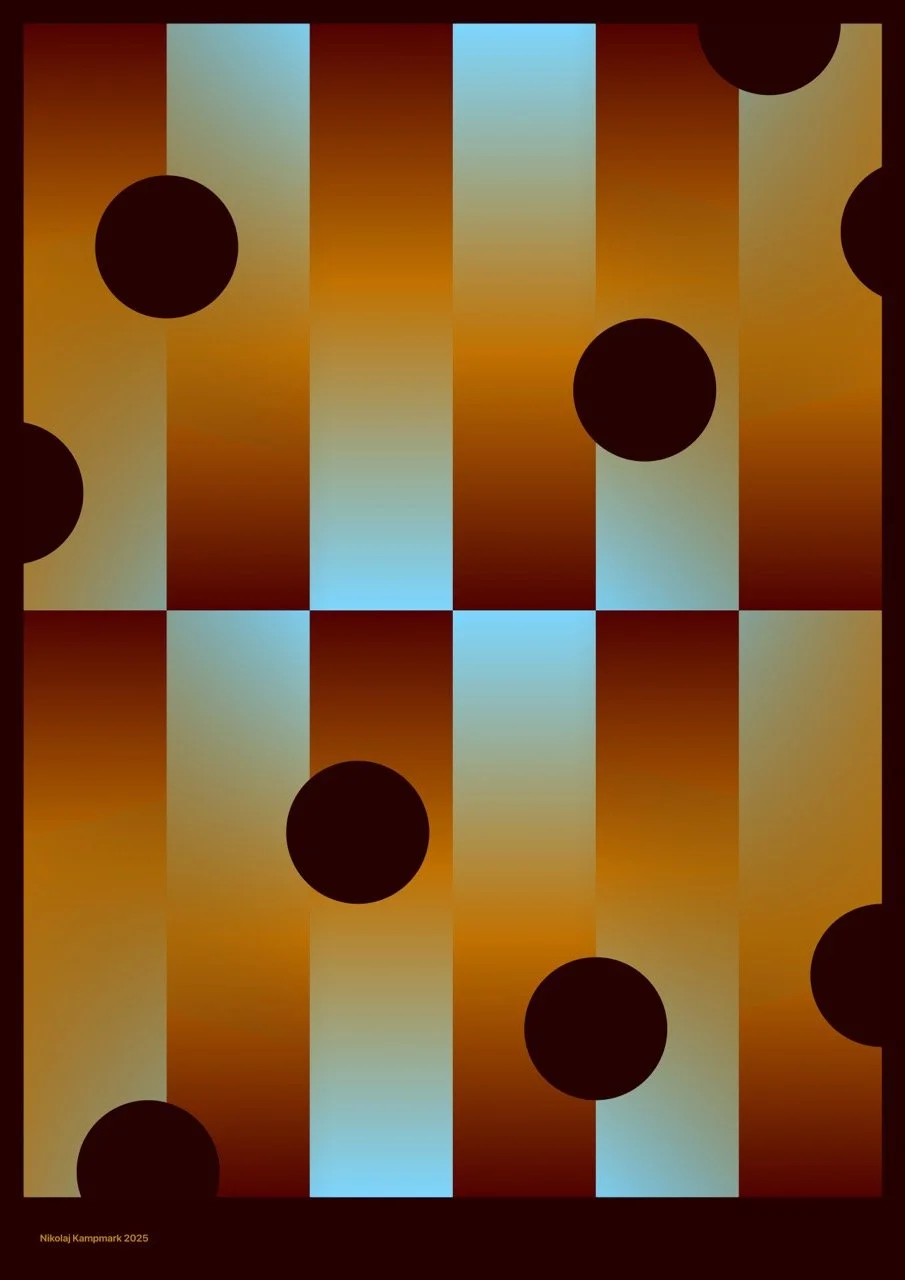 Abstract artwork with brown, beige, and blue vertical stripes and large black circles.
