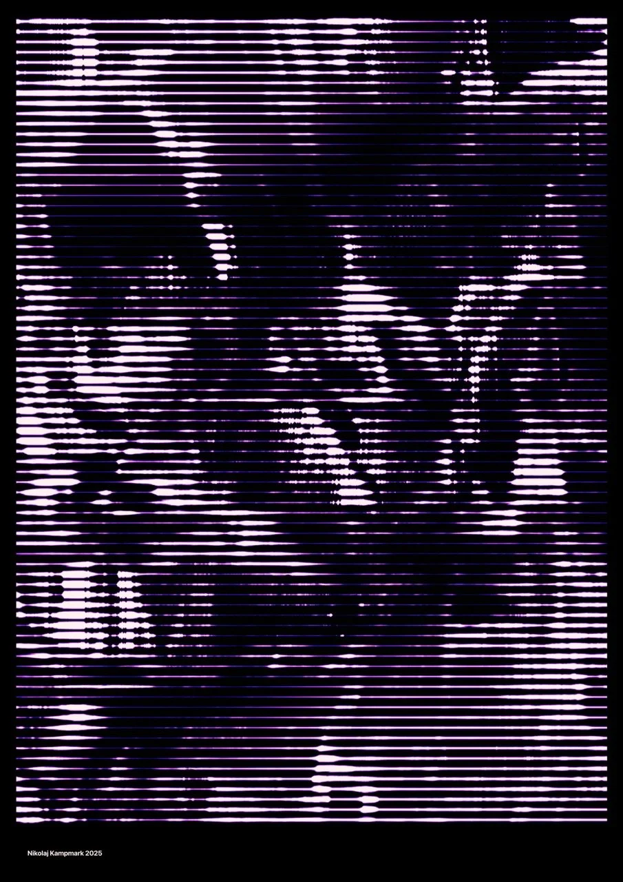 Digital art featuring horizontal lines and light patterns creating an abstract, stylized portrait of a woman with curly hair, observing with her hand near her face.