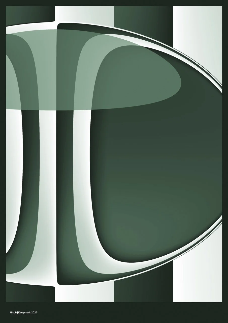 Abstract digital artwork with curved shapes in shades of green, white, and black.