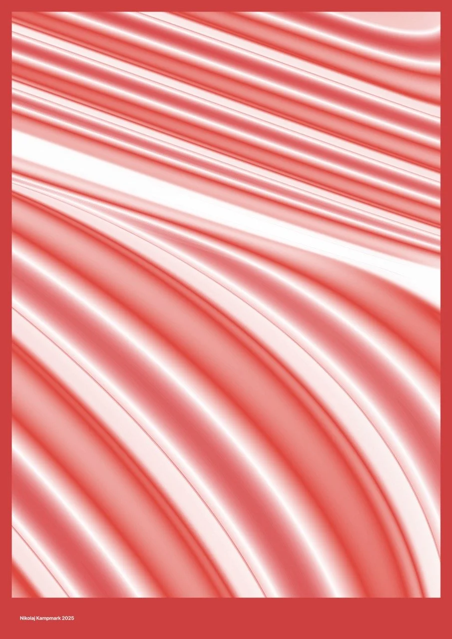 Red and white diagonal striped pattern with abstract, flowing lines.