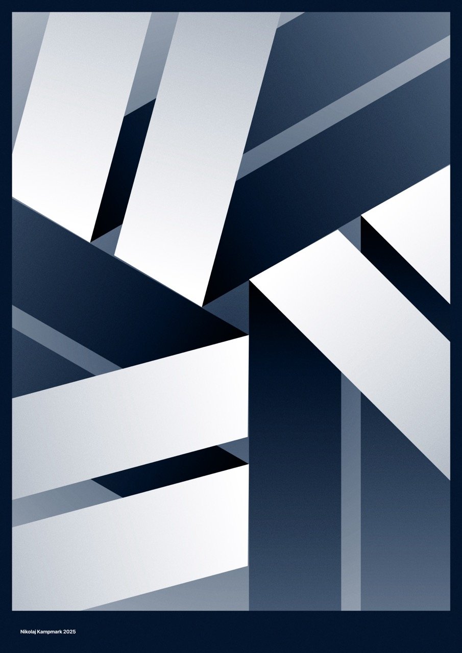 Abstract geometric artwork with overlapping white, black, and shades of gray shapes, creating a modern, minimalist design.