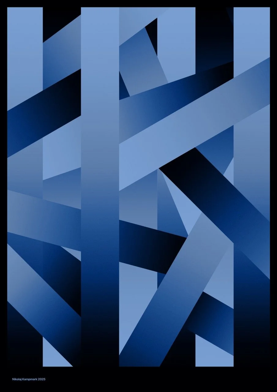Abstract geometric artwork with overlapping blue and black angular shapes and planes.