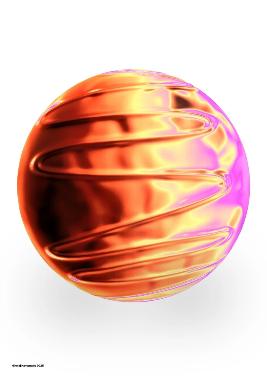 A digitally rendered, abstract, spherical object with swirling orange, pink, and purple hues against a white background.