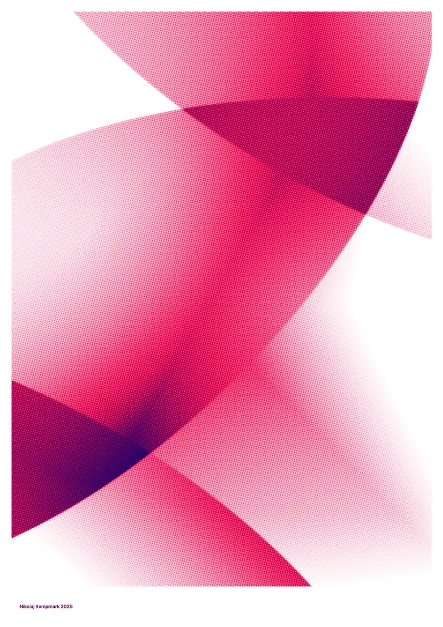Abstract artwork with pink, red, and purple shades forming geometric shapes and gradients.