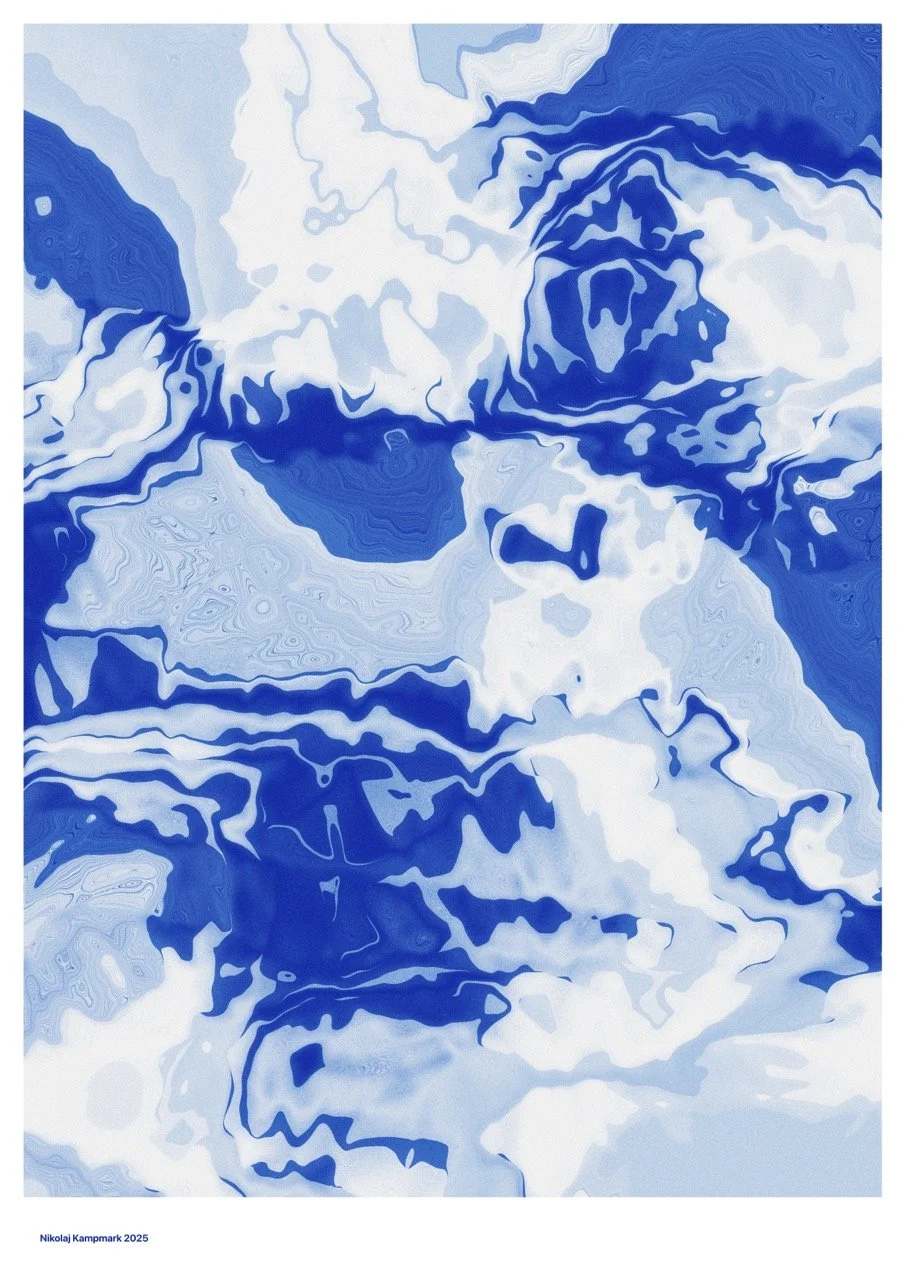 Abstract blue and white swirling patterns, resembling a marbled effect or fluid artwork.