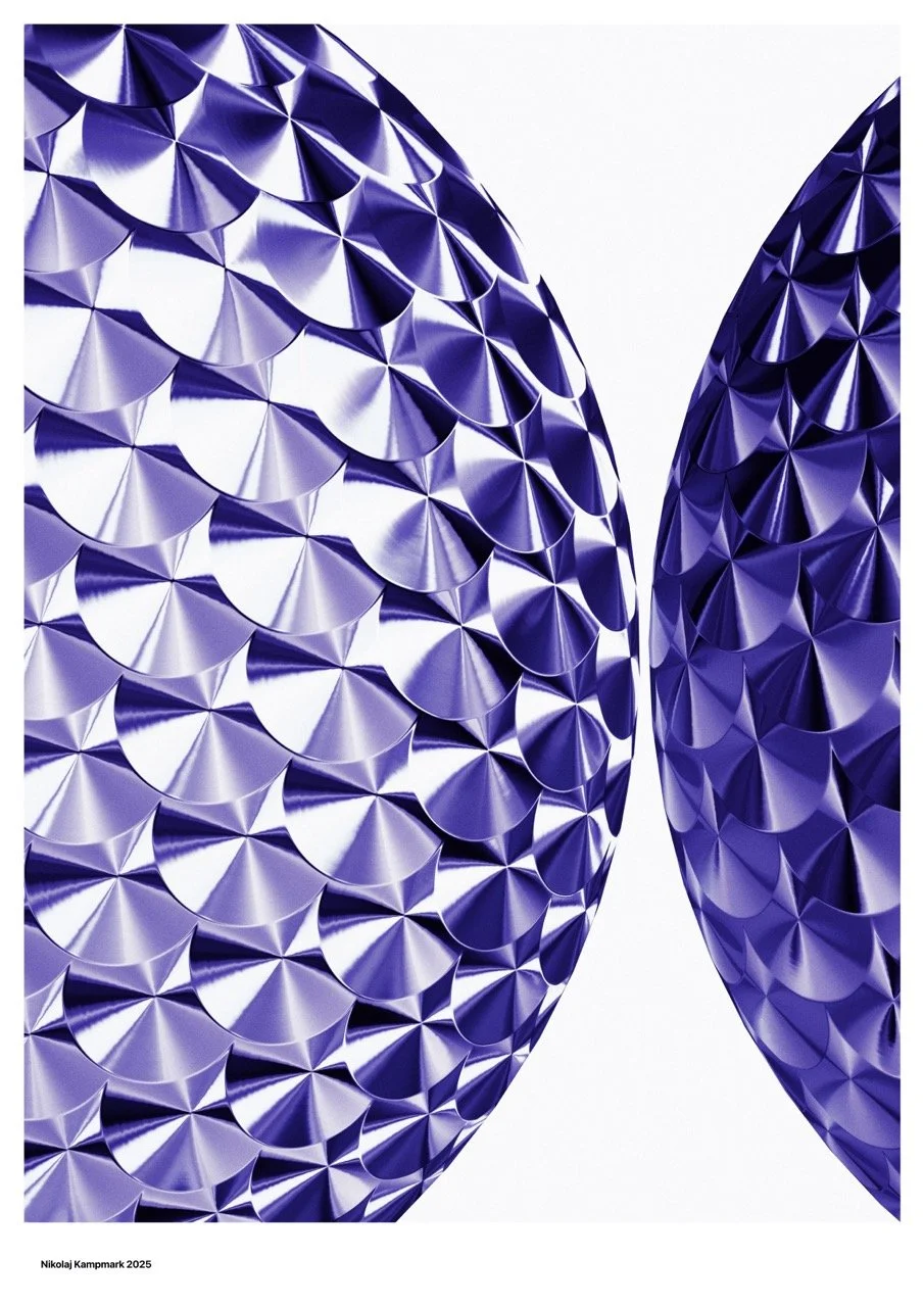 Close-up of two large, metallic, spherical sculptures with scaled patterns in purple and silver colors against a white background.