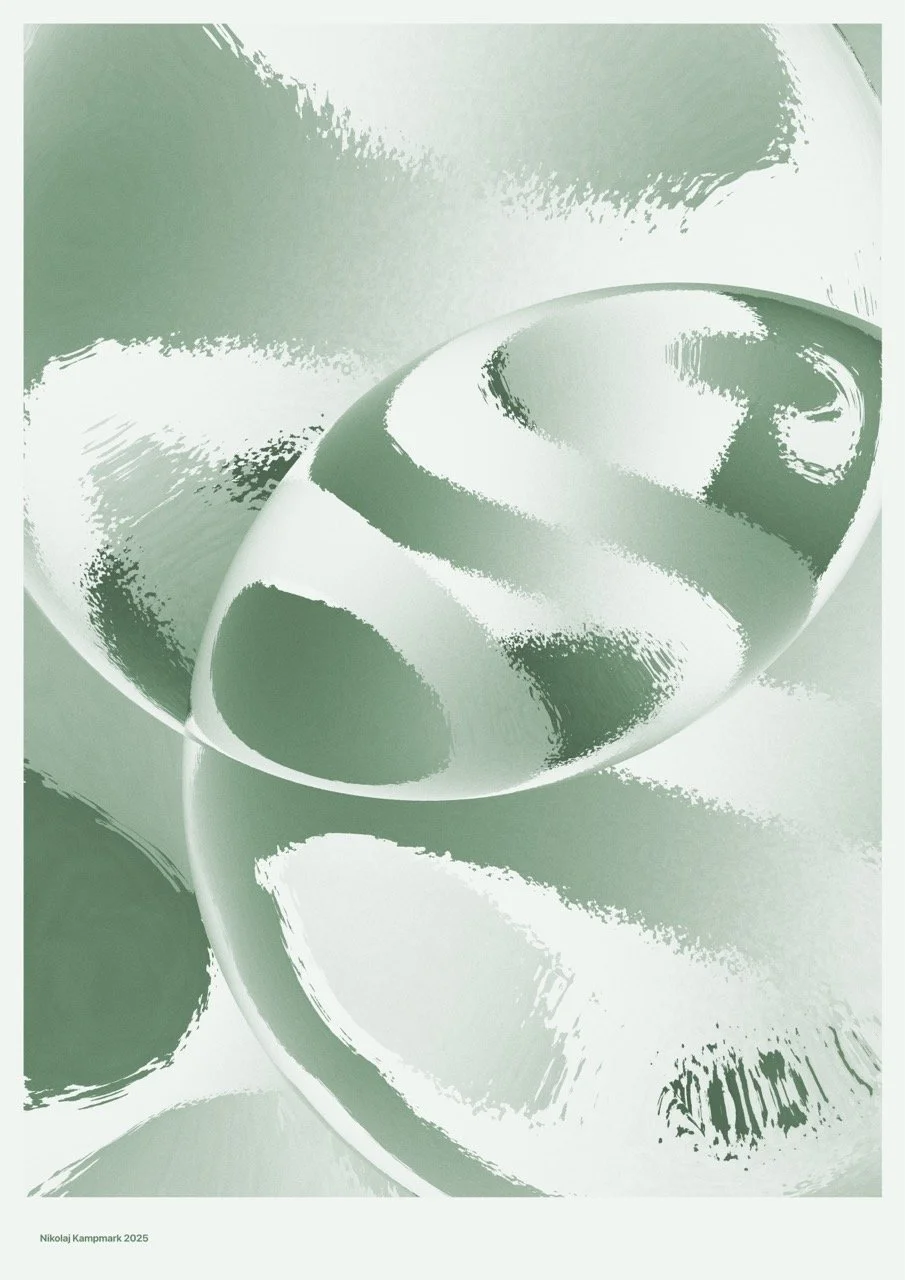 Abstract digital artwork in shades of green and white, featuring curved and fluid shapes resembling bowls or containers, with textured brushstroke effects.