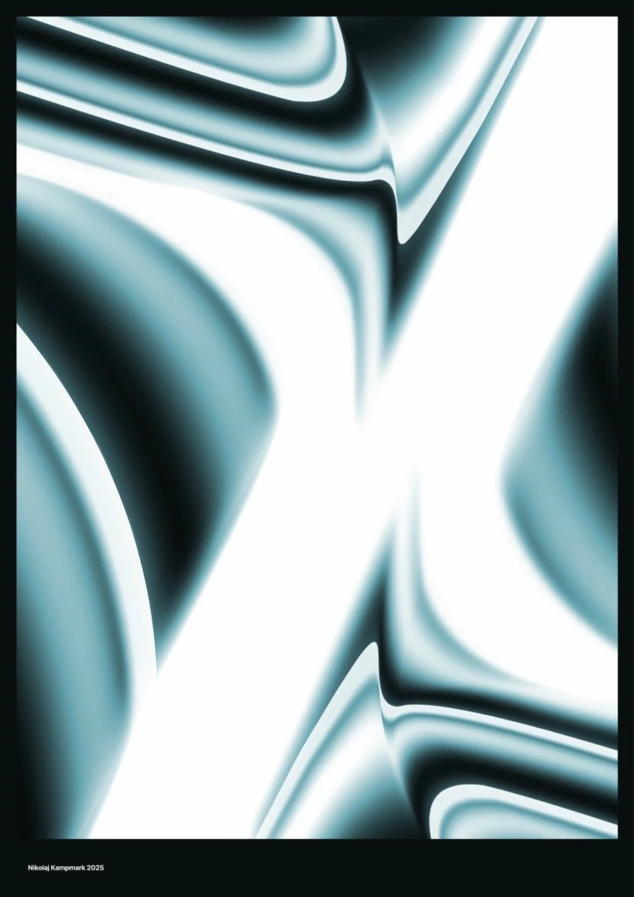 Abstract digital artwork with swirling, fluid shapes in shades of teal, white, and black, featuring a large white 'X' in the center.