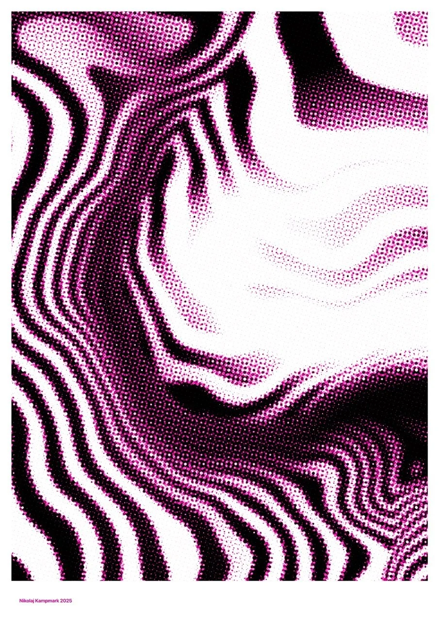 A stylized portrait of a woman's face created with pink and black dots, with flowing hair and closed eyes, in a pointillist art style.