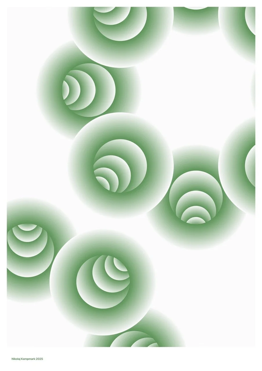 A digital graphic design featuring multiple green concentric circles with a gradient effect, creating a spiral appearance on a white background.