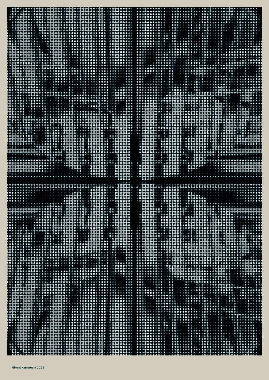 Close-up of a symmetrical, geometric reflective surface with a dotted pattern, possibly a metallic or glass sculpture or installation.