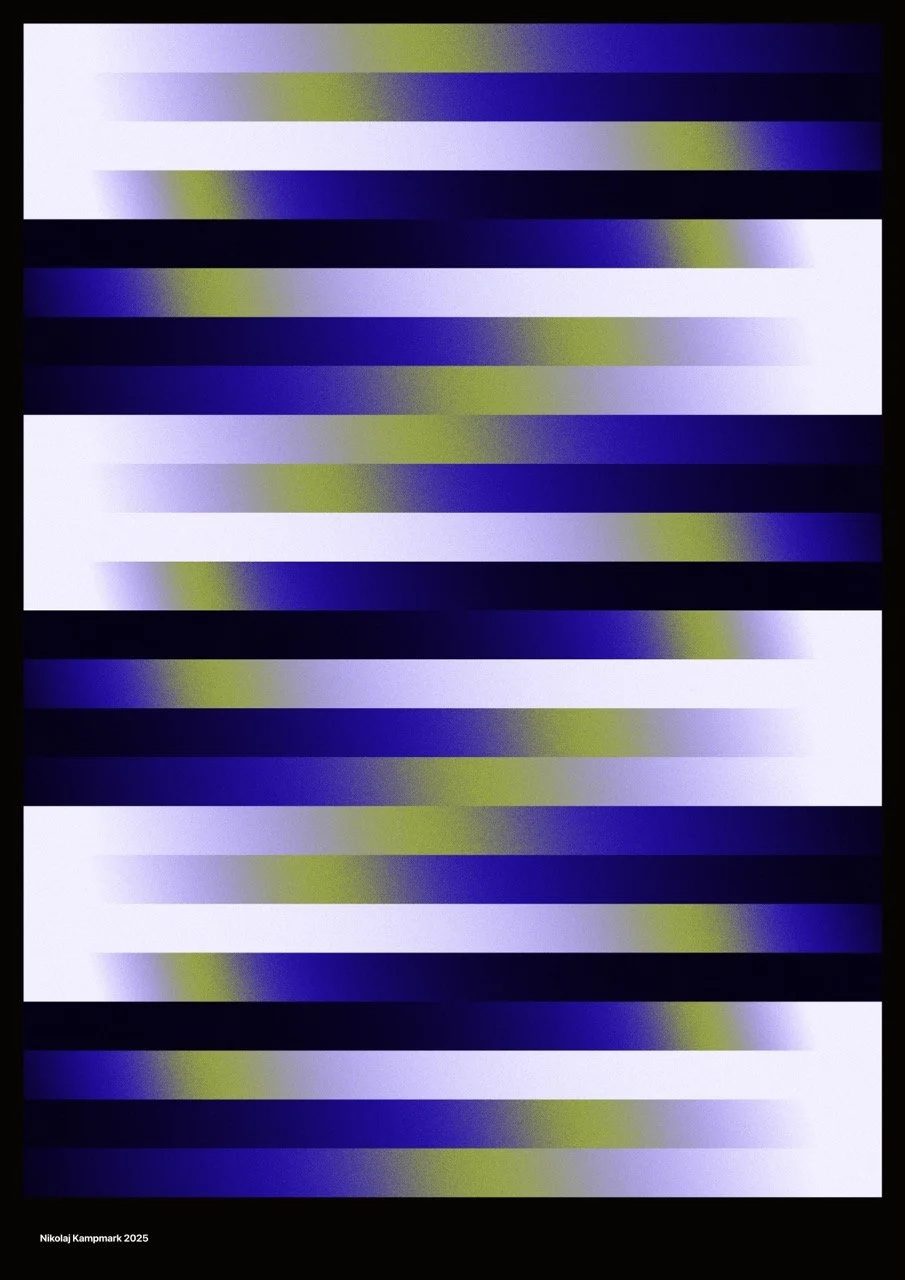 Abstract digital artwork with horizontal light streaks in shades of purple, blue, white, and yellow on a black background.