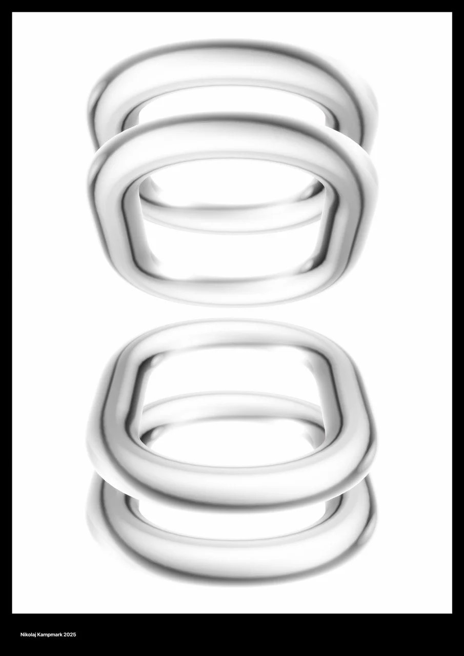A set of four white, geometric, square-shaped rings with rounded edges arranged in a vertical line, reflected on a shiny surface.