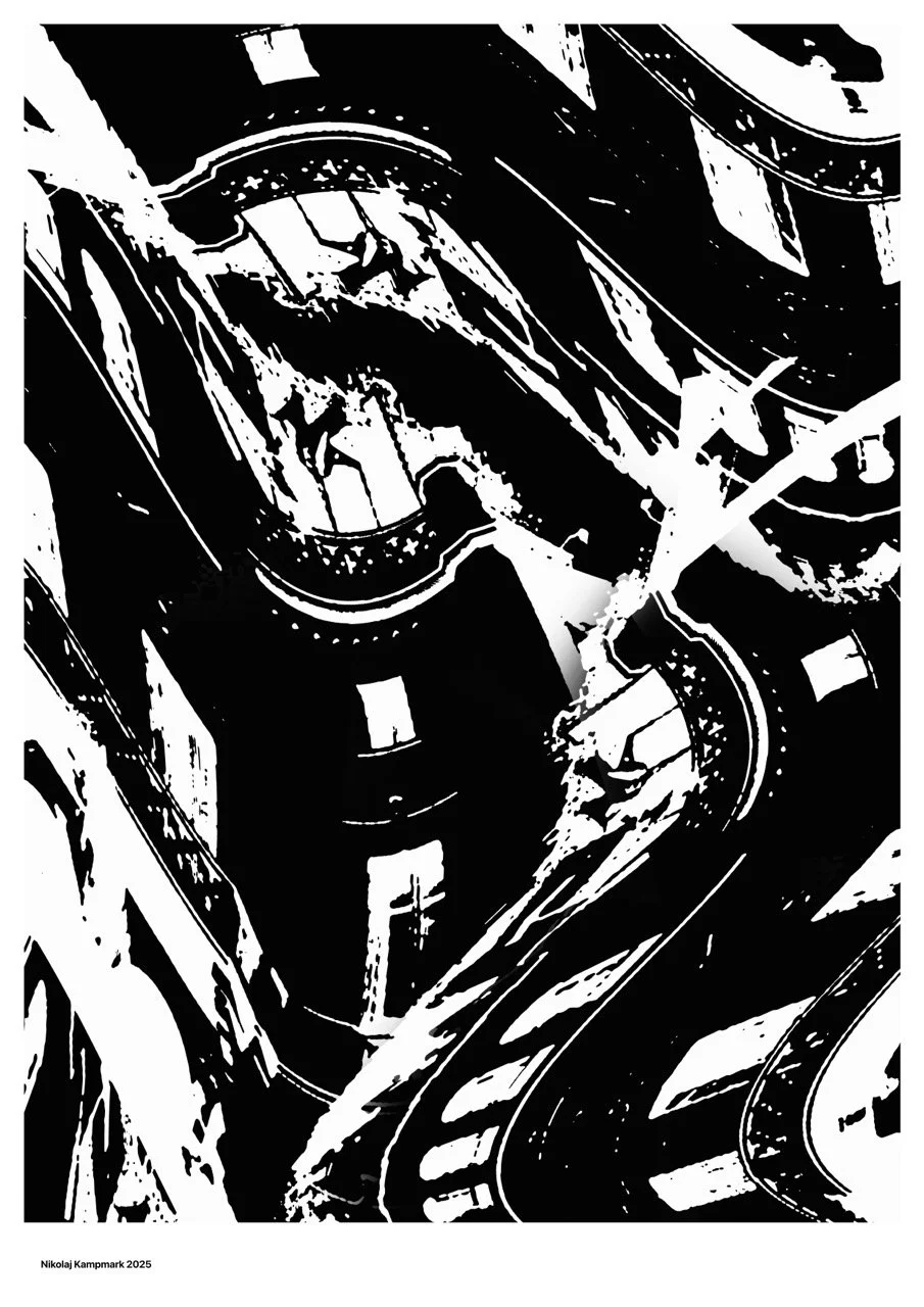 An abstract black and white digital illustration of a winding road or track, with curving lines and geometric shapes.