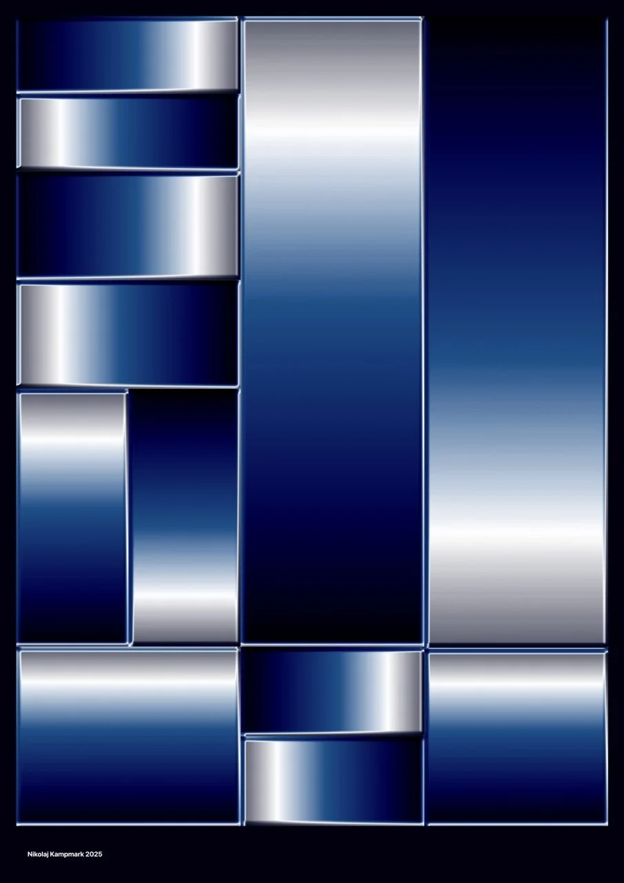 Abstract digital artwork with metallic blue and silver rectangular shapes arranged in a grid pattern, reflecting light and creating a sleek, modern appearance.