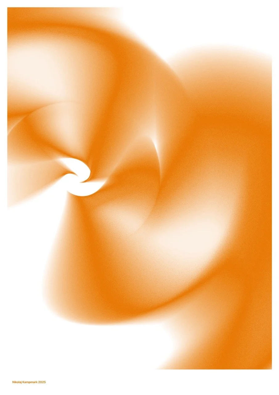 Abstract swirling design in shades of orange and white.