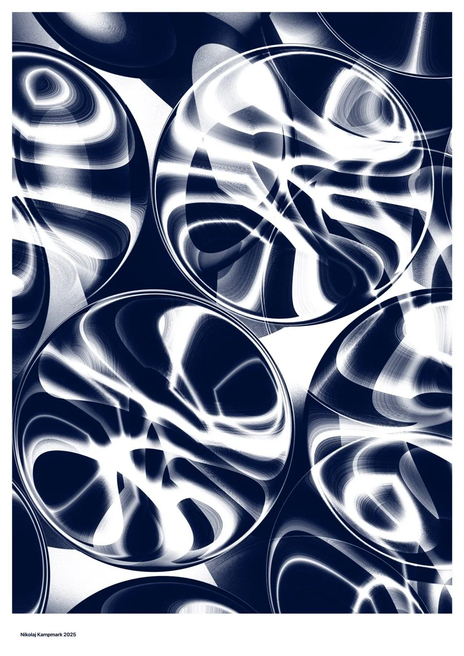 Abstract digital artwork with swirling white lines and shapes on a dark blue background.