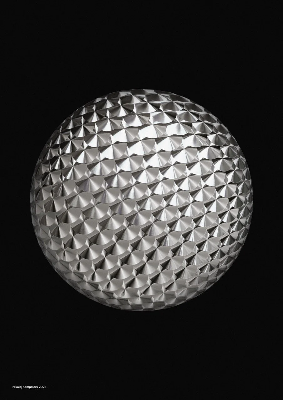 Close-up of a metallic sphere with a textured, geometric pattern against a black background.