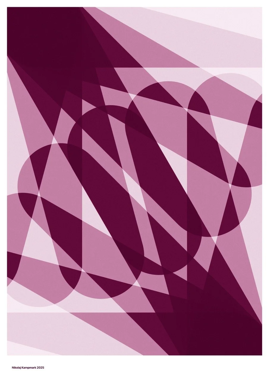 Abstract geometric artwork with overlapping purple and pink shapes and circles, titled 'Nikolaj Kamprank 2025'.