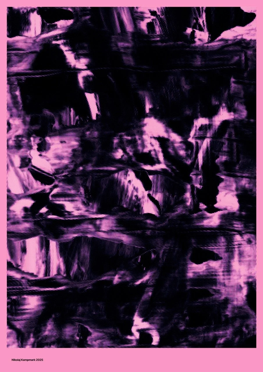 Abstract artwork with purple and black colors, featuring chaotic brush strokes and textured patterns.