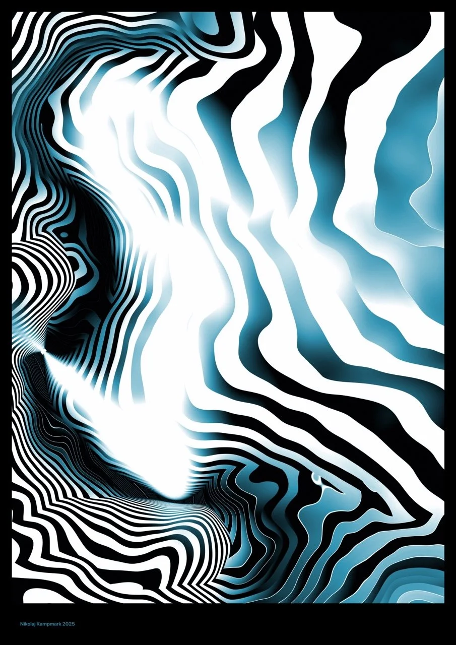 Abstract digital artwork with black, white, and blue wavy lines creating a flowing, optic illusion effect.