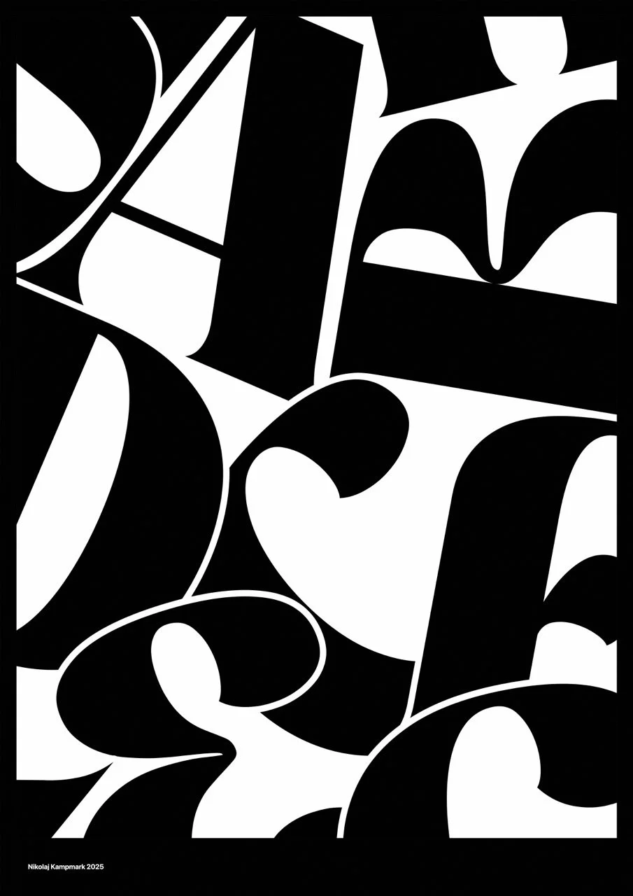 Abstract black and white geometric artwork with bold shapes and contrasting colors.