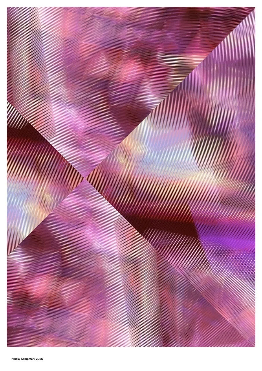 Abstract digital artwork with diagonal lines and purple, pink, and gold hues, creating a geometric pattern with a textured, metallic effect.