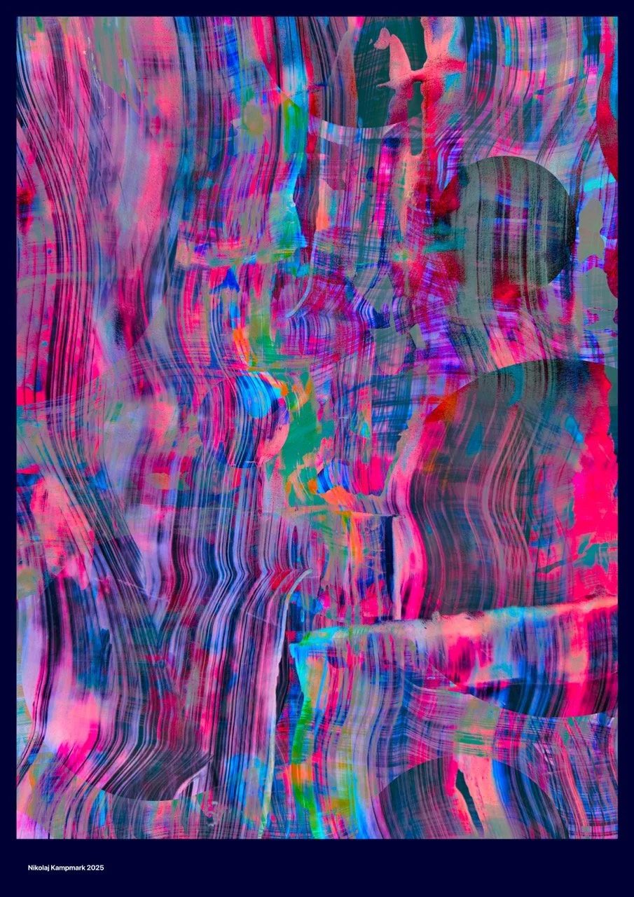 Abstract digital artwork featuring vibrant swirling and streaked colors including pink, blue, green, and purple.