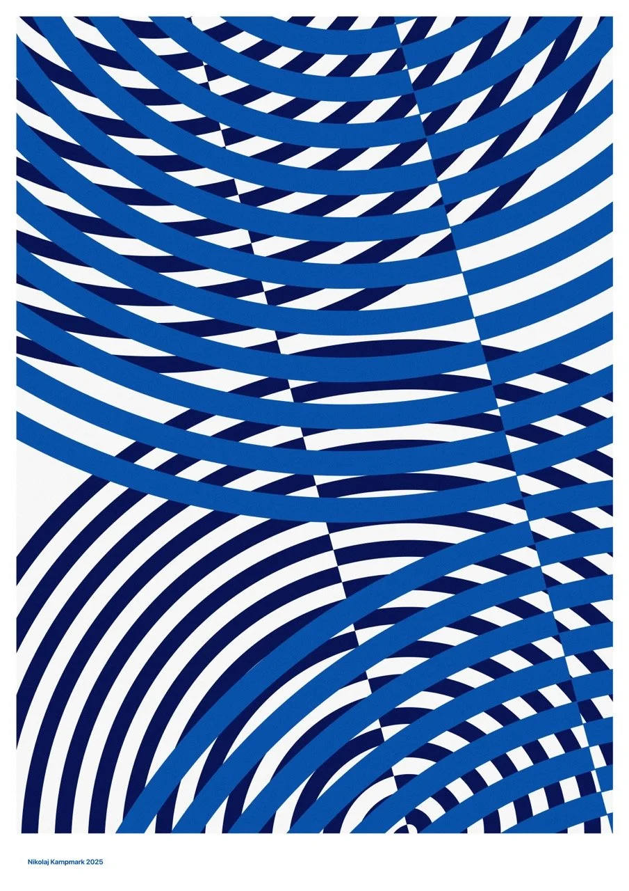 Abstract geometric pattern with blue and white curved lines creating a hypnotic optical illusion.
