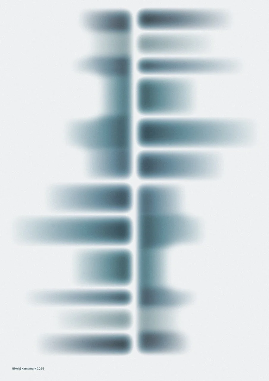 Abstract blurred image with horizontal and vertical blueish lines on a white background, with a small text in the bottom left corner that reads 'Nikolaj Kamparnk 2025'.