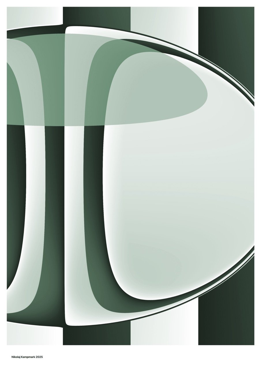 Abstract artwork with green and white curved shapes and lines.