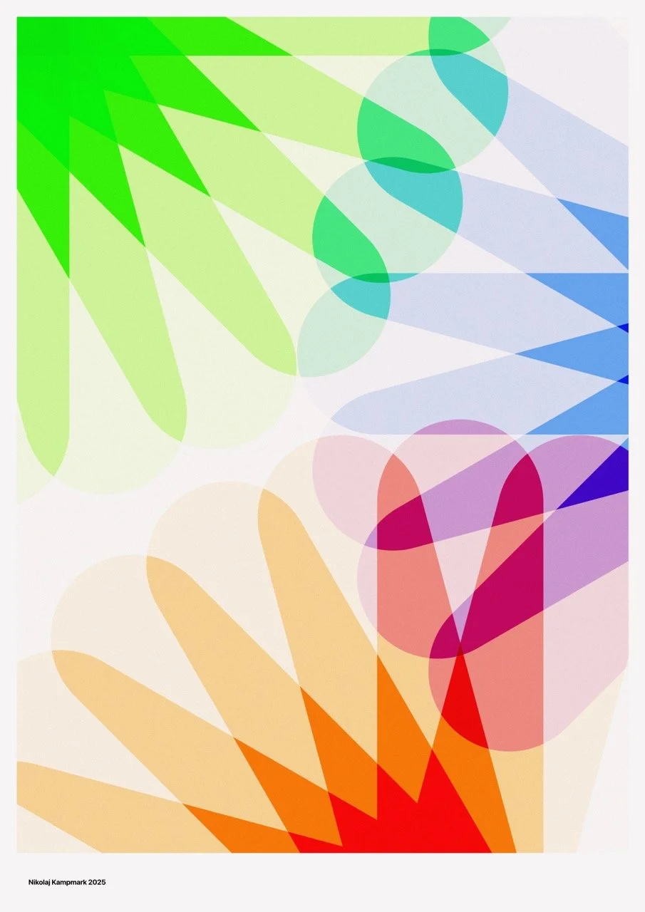 Colorful abstract geometric design with overlapping triangles and circles in green, blue, purple, red, orange, and yellow on a white background.