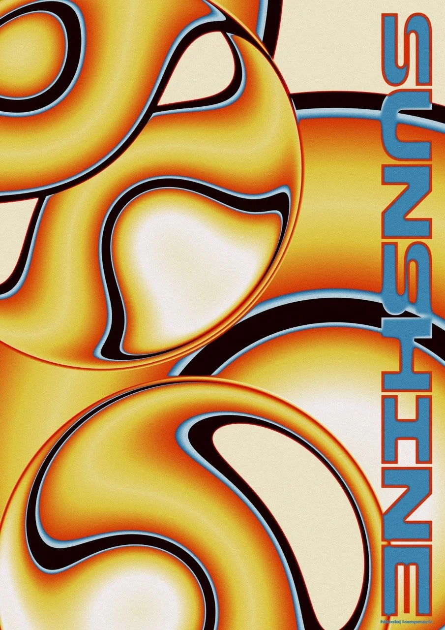 Close-up of a colorful, abstract design with bold, swirling shapes in shades of orange, yellow, black, and white, with partially visible vertical text in blue and red on the right side.