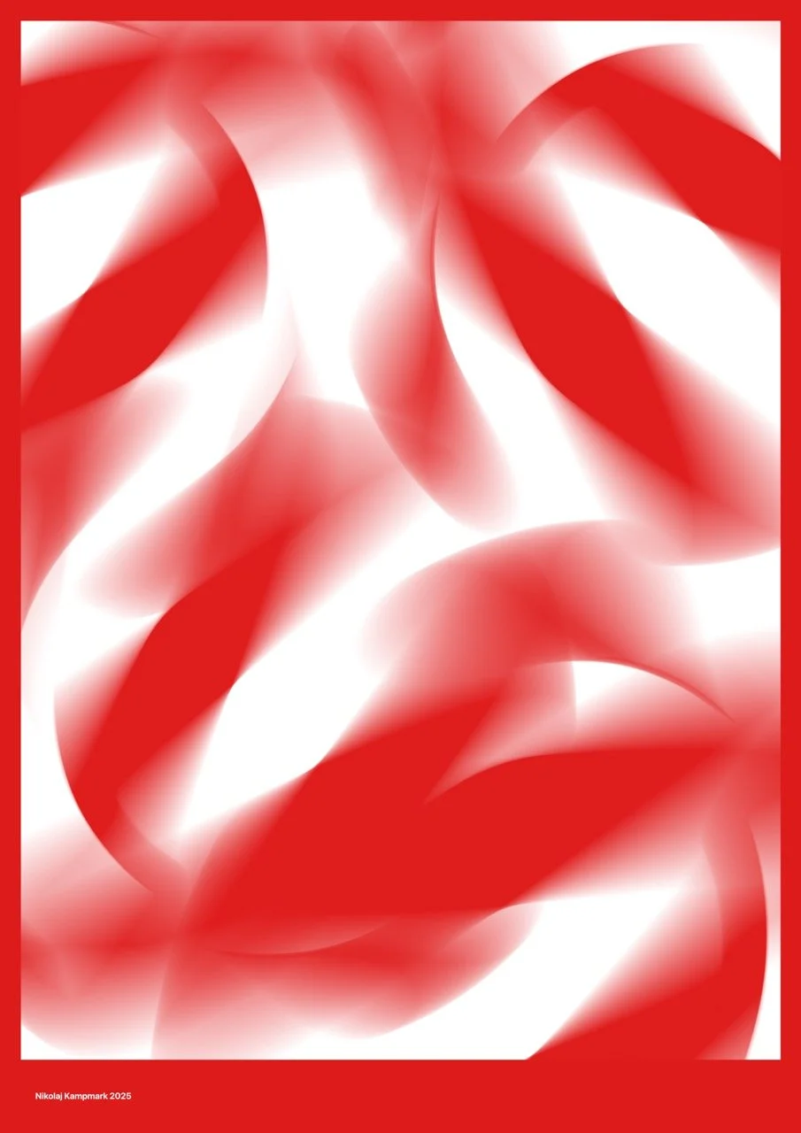 Abstract digital artwork with red and white flowing shapes and a red border.