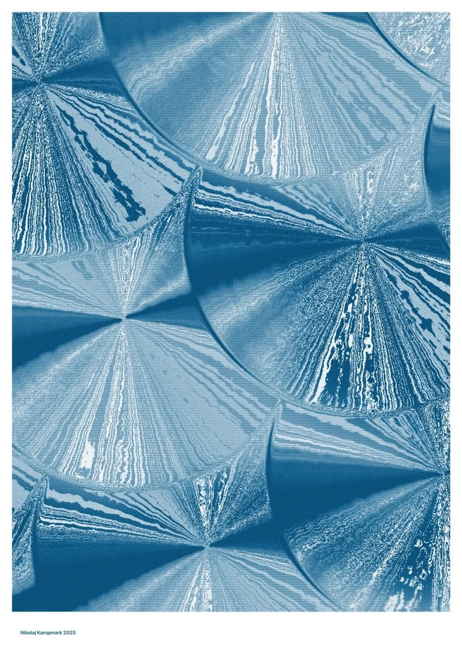 Abstract artwork featuring multiple umbrella shapes in shades of blue with striped patterns.