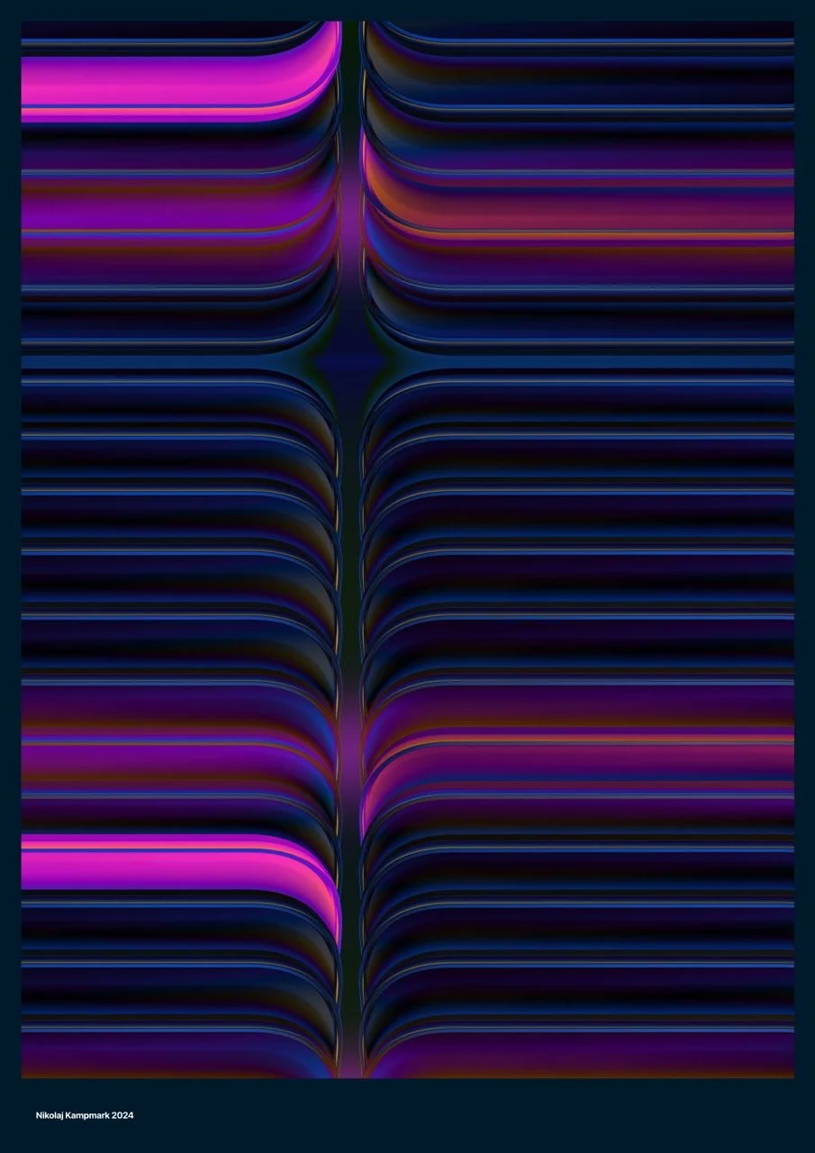 Abstract digital art with curved lines in shades of purple, pink, blue, and black, creating a symmetrical pattern.