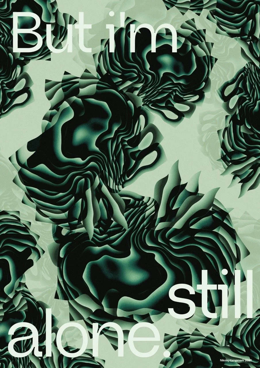 Abstract digital artwork with layered, dark green and black swirling shapes resembling a face or head, overlaid with the text 'But I'm still alone.' in white font.