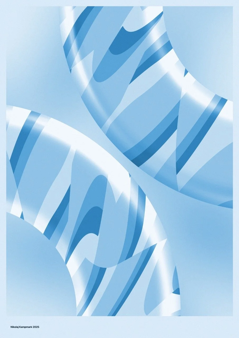Abstract art in shades of blue and white with curved and striped patterns