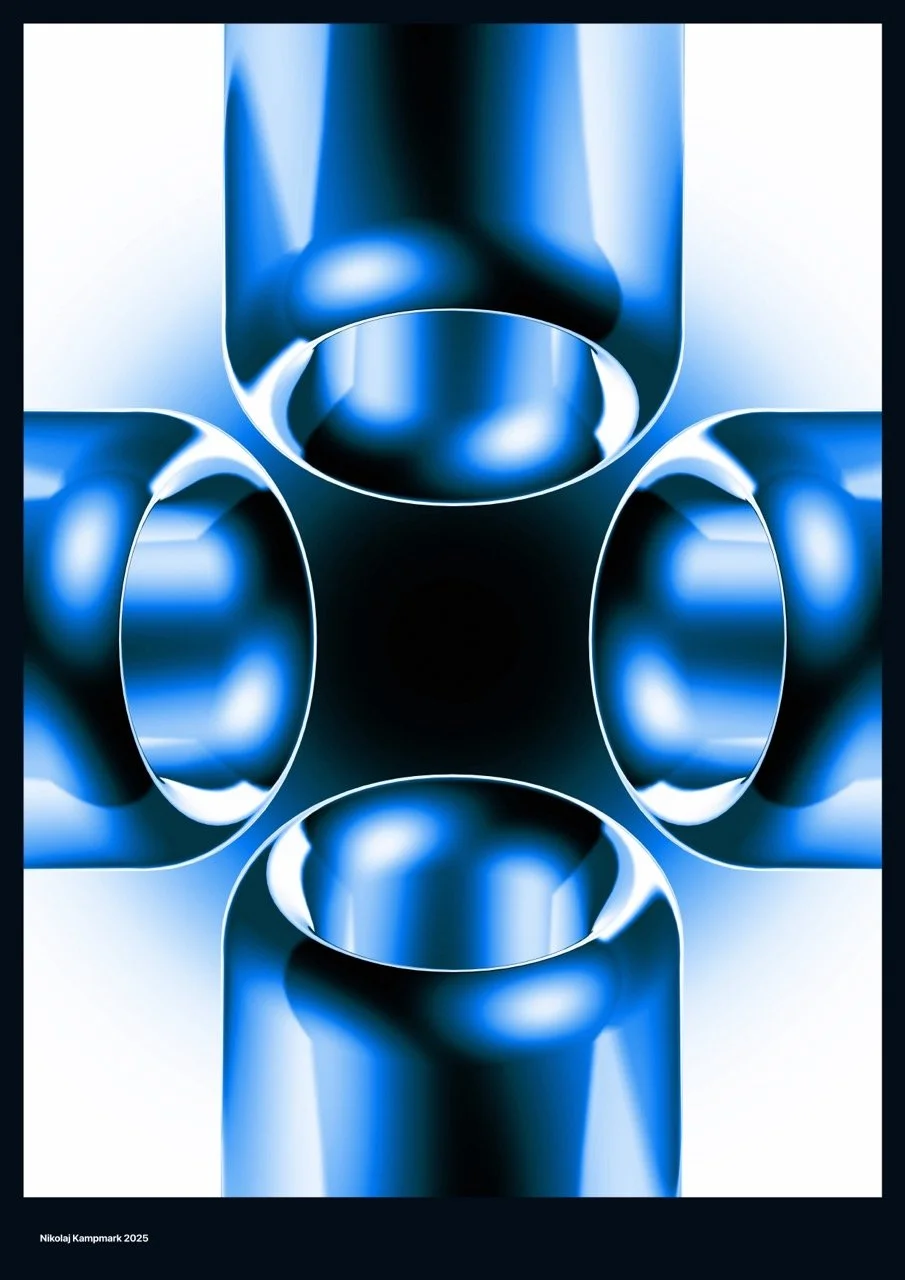 Abstract digital art featuring metallic blue cylinders in a symmetrical pattern, creating a futuristic, high-tech appearance.