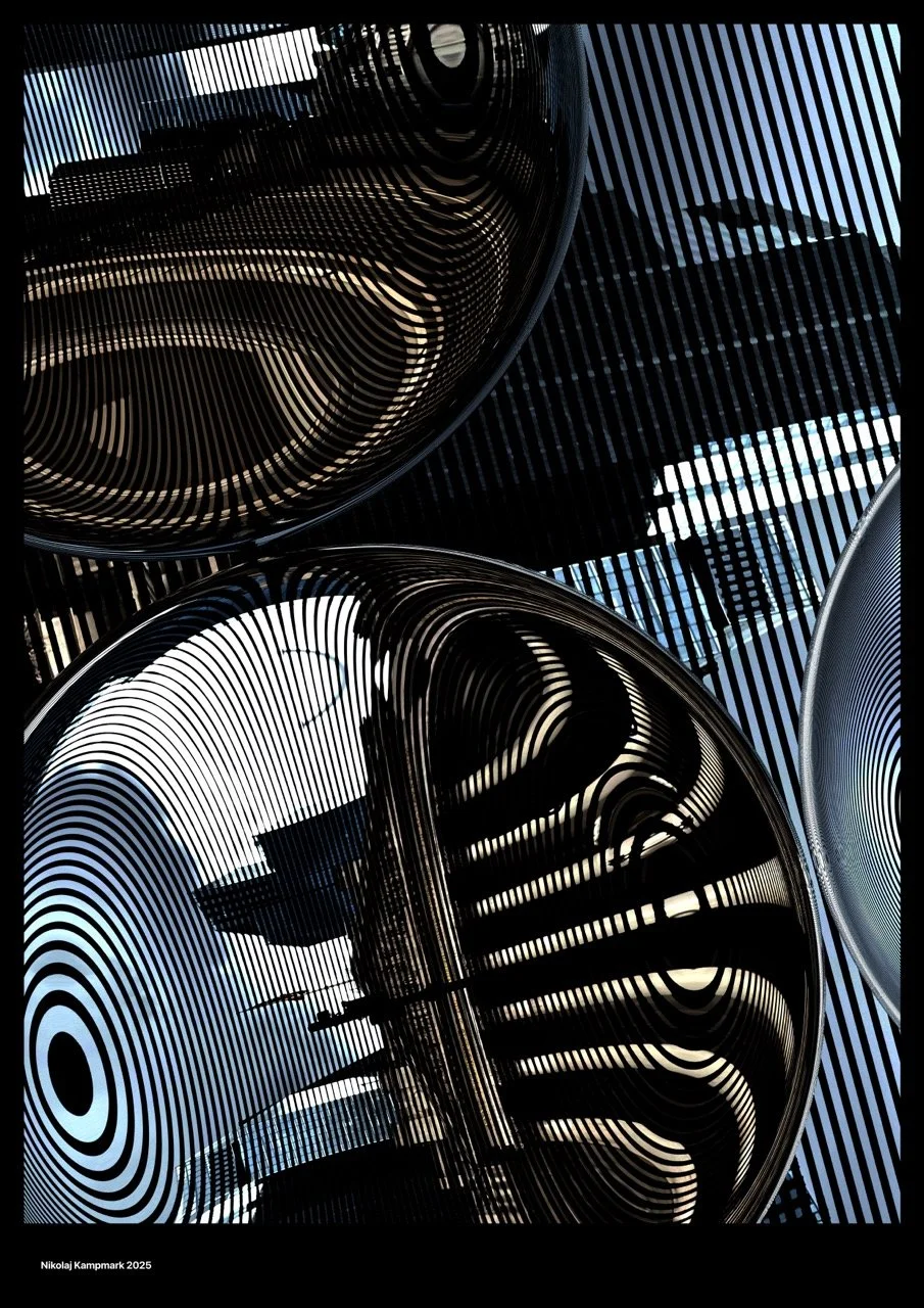 Reflection of buildings on the shiny, striped surface of a modern outdoor sculpture