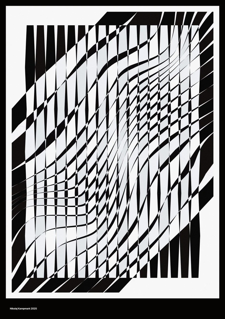 Abstract black and white optical illusion artwork with distorted lines and shapes.