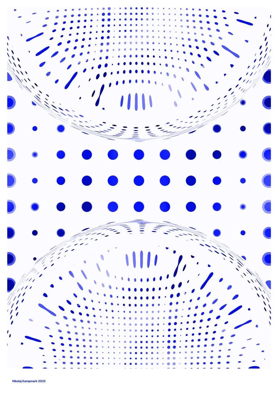 Abstract geometric design with blue dots and curved lines on a white background, creating a symmetrical pattern.